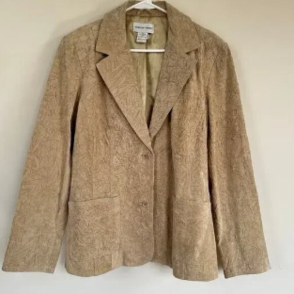 Newport News Blazer Women Plus 16 Leather Jacket Textured Preppy y2k Career Tan - Picture 1 of 6